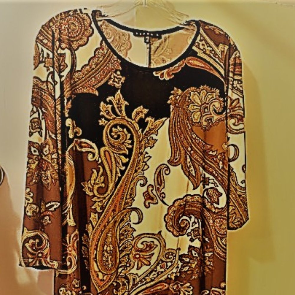 Beautiful Rust/Brown/Black Paisley Shift Dress by TIANA B, Made in USA, Size 14